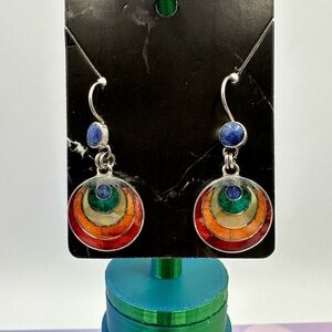 Vintage Round Silver 950 Stamped Cloisonné Rainbow Dangle Earrings